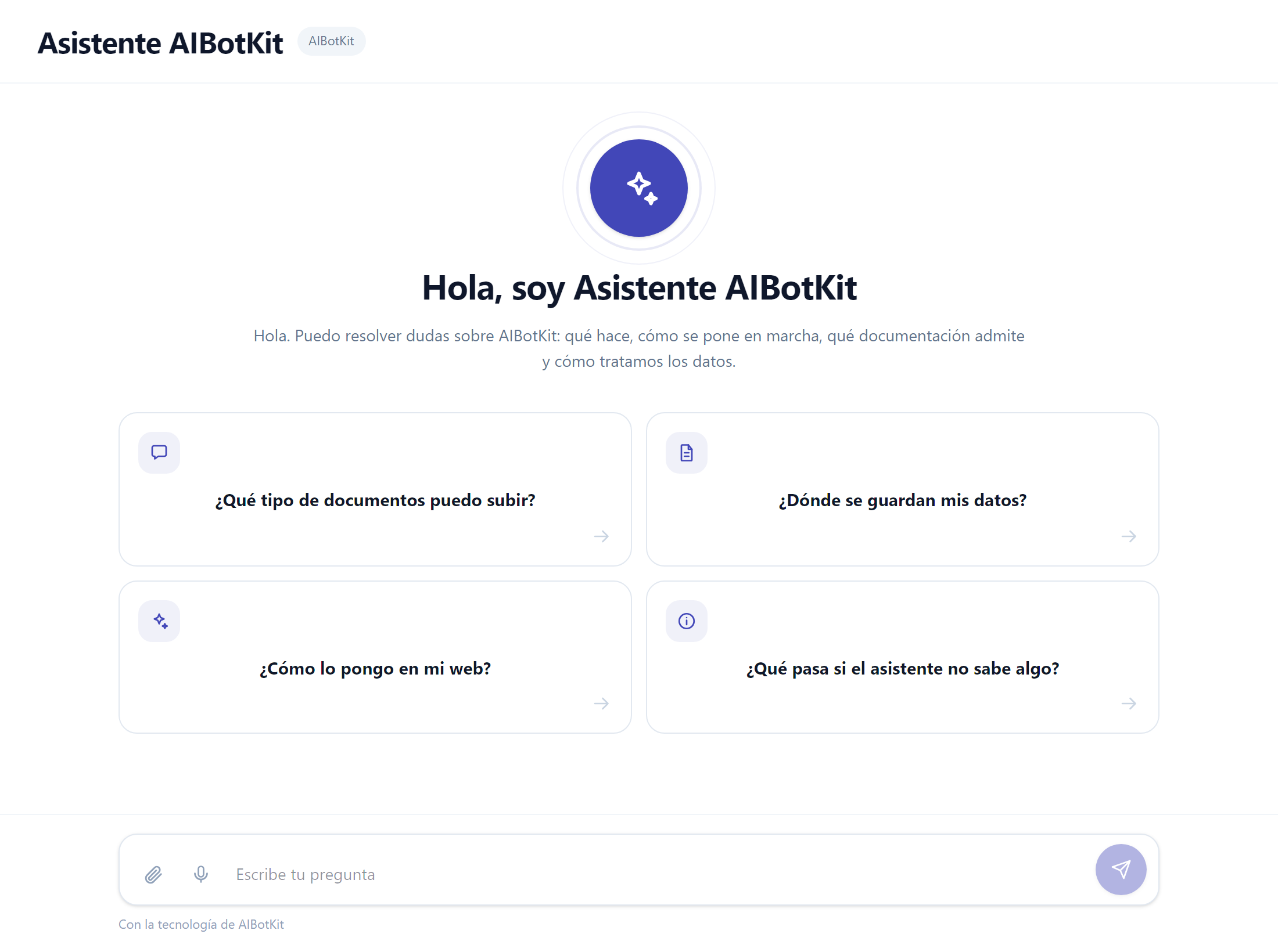 Chat público del Asistente AIBotKit con su mensaje de bienvenida y cuatro preguntas sugeridas.